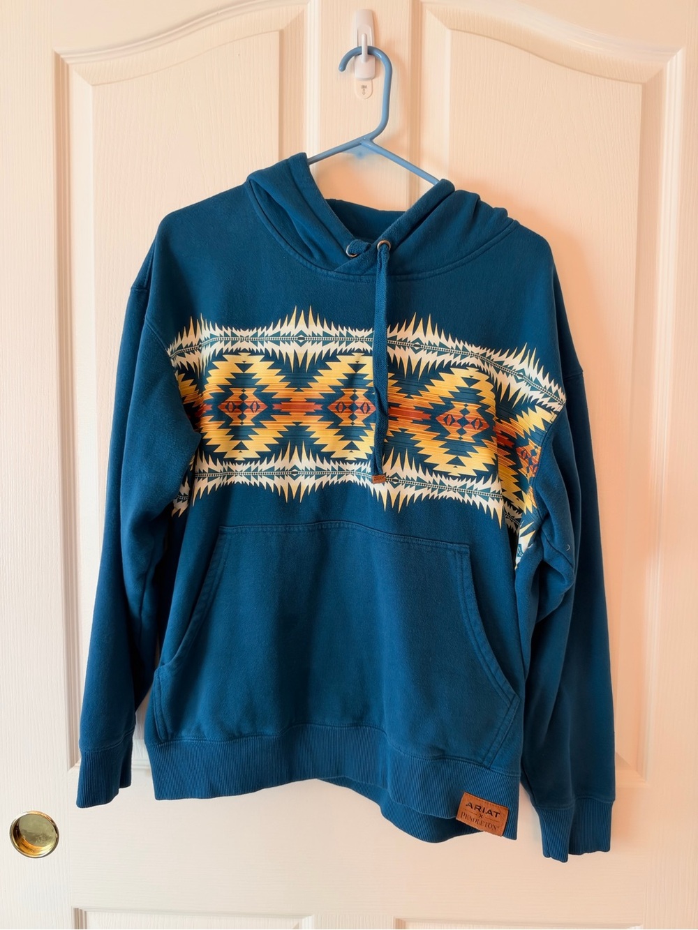 Ariat Teal Hoodie with Yellow-Orange Aztec Stripe
